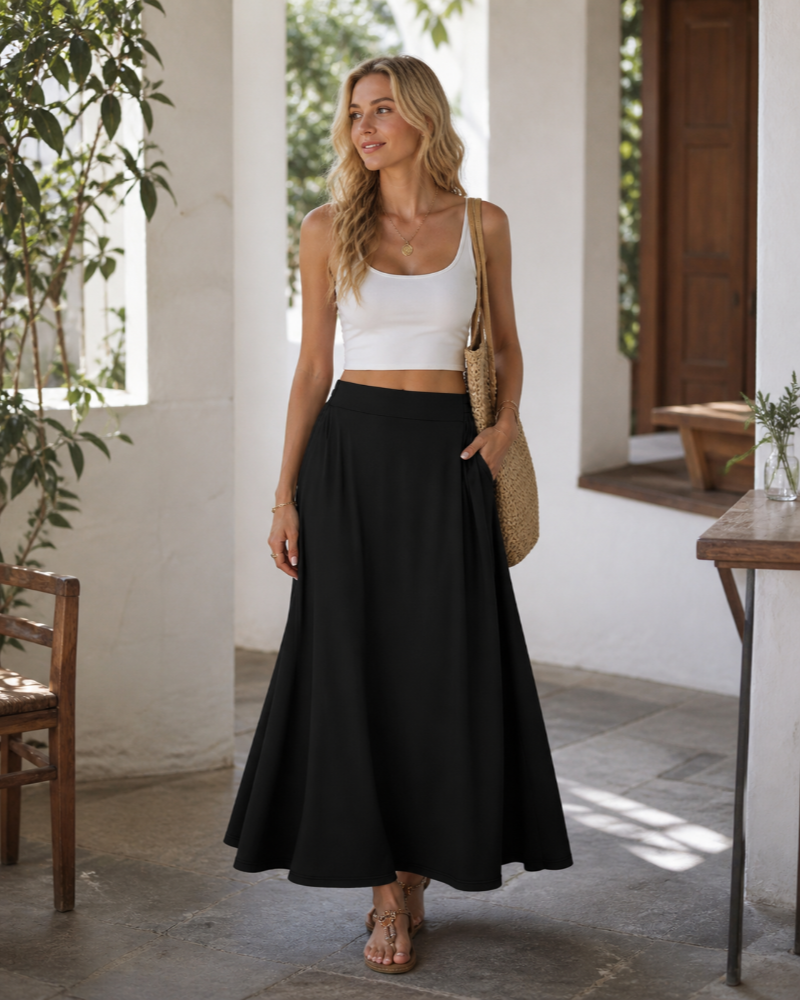 Nina Gonna Maxi Donna – Gonna Fluida Vita Alta, a Trapezio & Tasche Estate