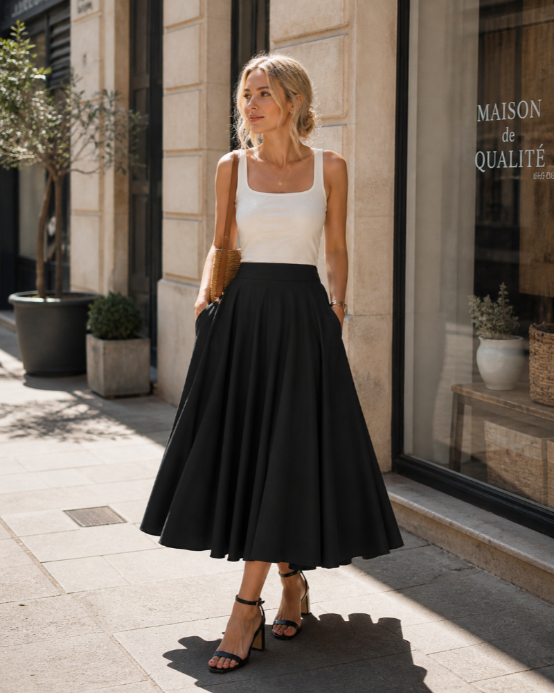 Jade Gonna Midi Donna – Gonna Fluida Vita Alta, a Trapezio & Tasche Estate