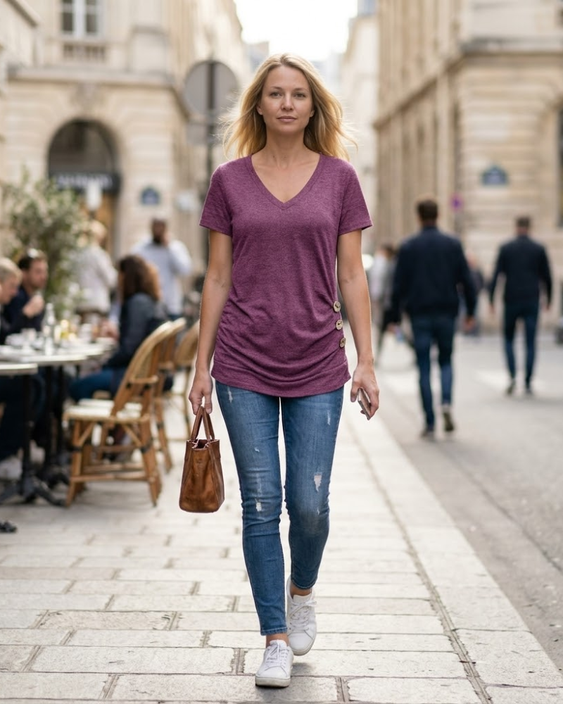 Noémie T-Shirt Donna Oversize – Tunique Scollo a V Boutons Maniche Corte Estate