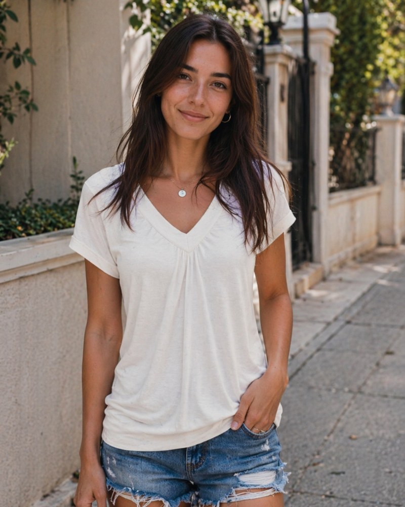 Rhea Top Donna – T-shirt Scollo a V Plissettato, Linea Fluida Elegante & Comfort Estate