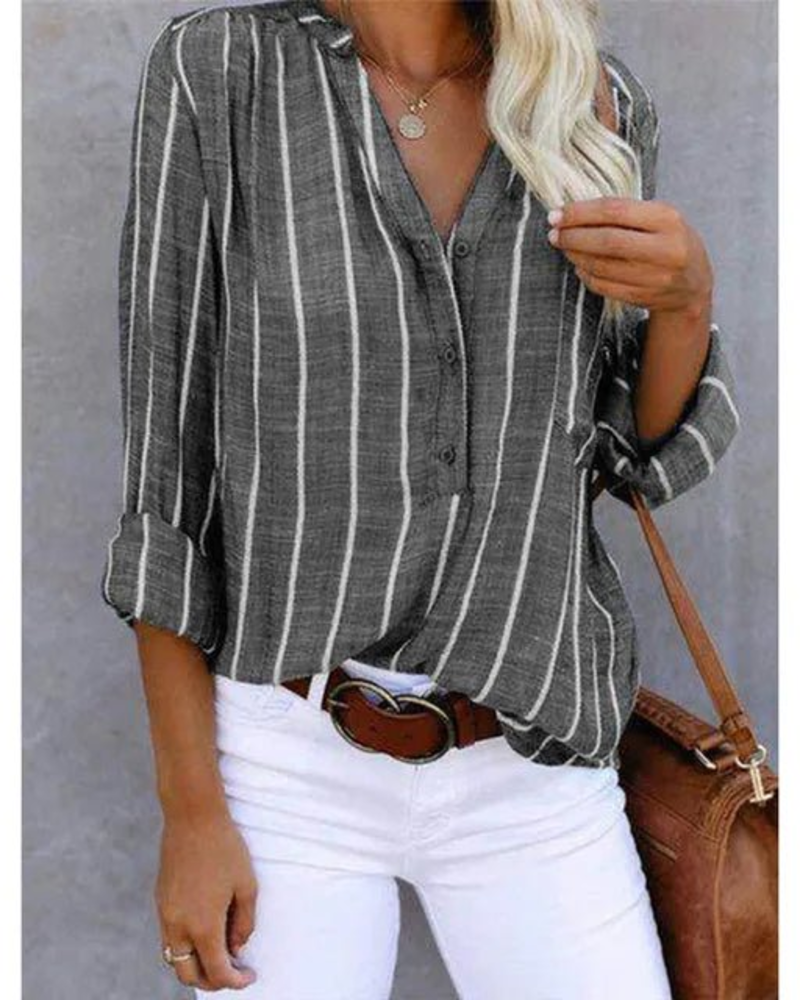 Tifanny Blusa Donna Ampia – Top Scollo a V con Boutons, Manches Retroussées & Style Casual
