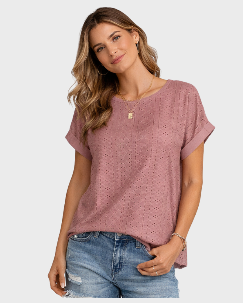 Irenea T-shirt Donna – Vestibilità Ampia, Girocollo & Détail Ajouré Elegante
