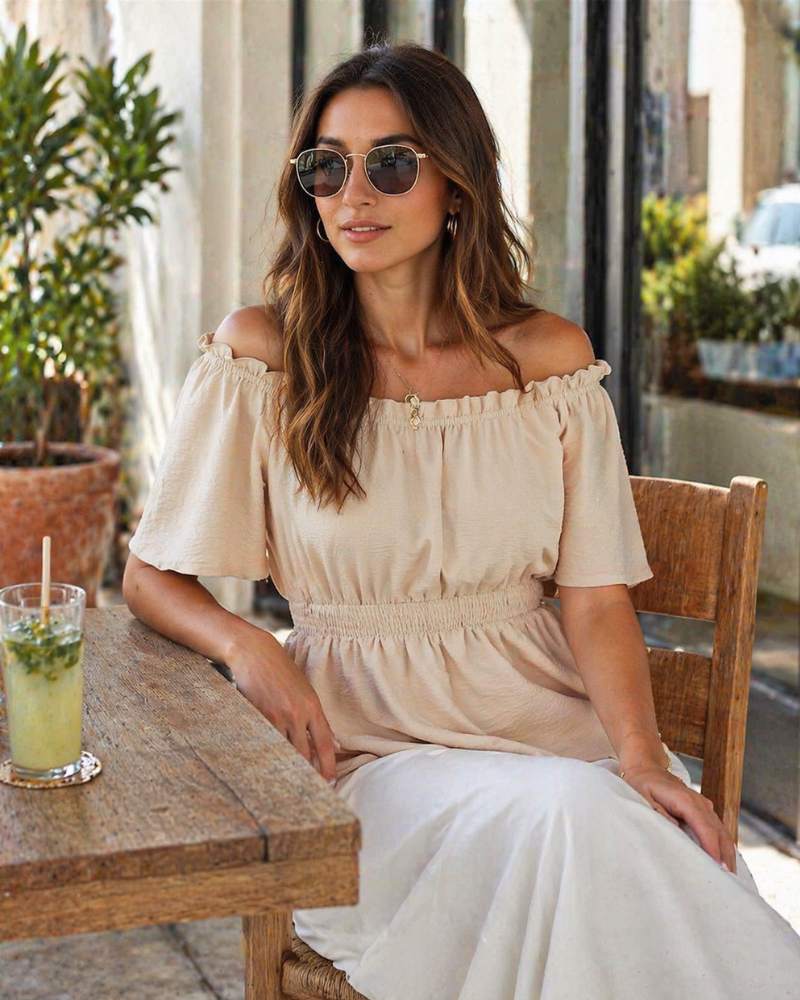 Lenora Top Donna – Blusa Off-Shoulder Péplum a Balze, Linea Cintrée Elegante Estate