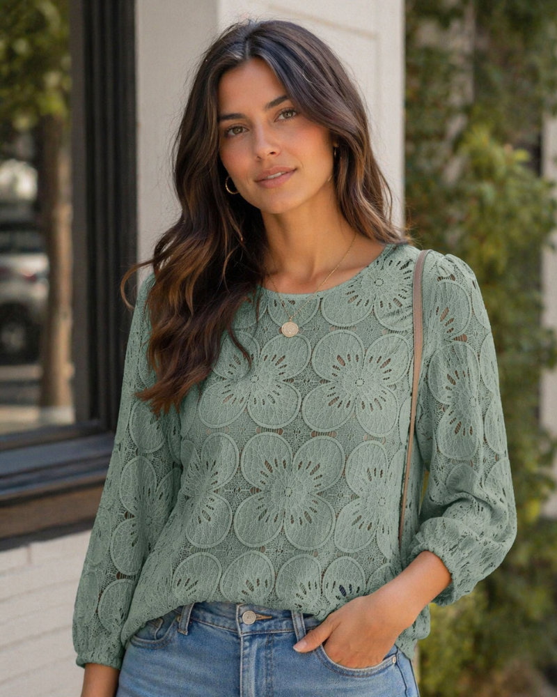 Nolia Blusa Donna – Top Eyelet a Manches 3/4 Volumineuses, Style Elegante Casual Chic