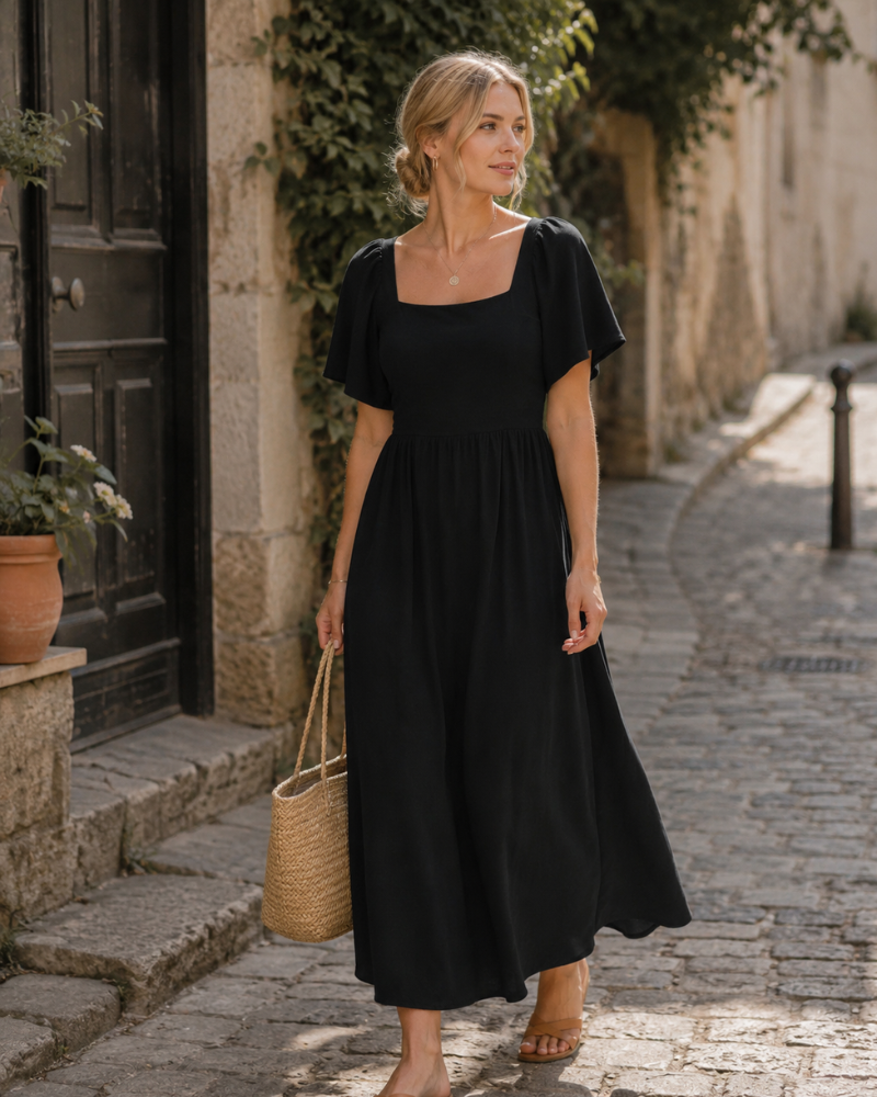 Patricia Abito Donna Maxi – Scollo Quadrato, Linea a Trapezio Fluida, Manches Chauve-Souris Estate