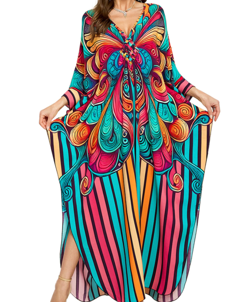 Yana Kaftan Donna Grande Taille – Abito Plage Maxi in Viscose, Scollo a V & Manches Chauve-Souris Bohémien