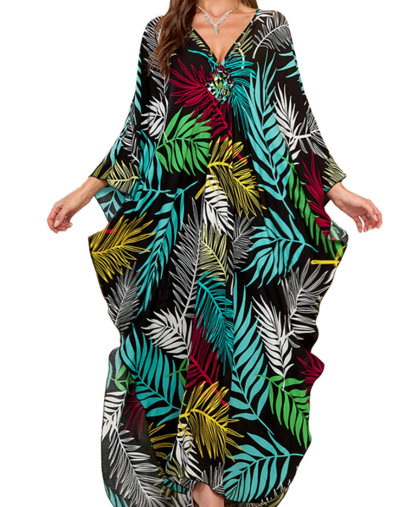 Yana Kaftan Donna Grande Taille – Abito Plage Maxi in Viscose, Scollo a V & Manches Chauve-Souris Bohémien