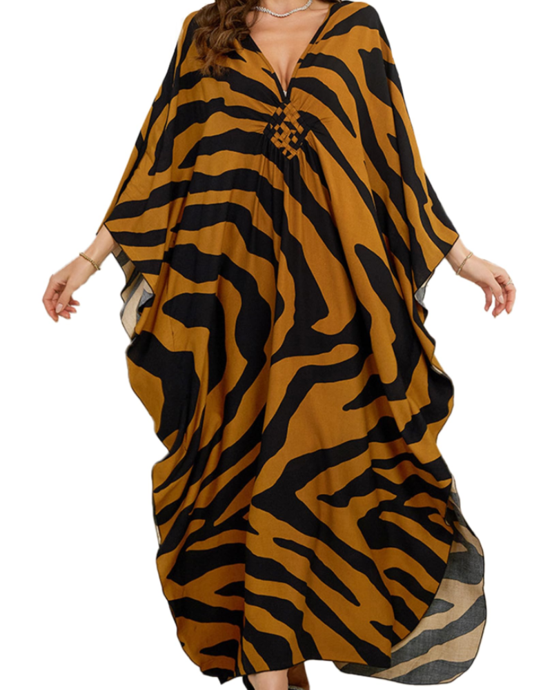 Yana Kaftan Donna Grande Taille – Abito Plage Maxi in Viscose, Scollo a V & Manches Chauve-Souris Bohémien
