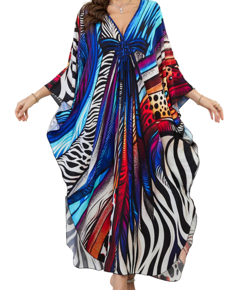 Yana Kaftan Donna Grande Taille – Abito Plage Maxi in Viscose, Scollo a V & Manches Chauve-Souris Bohémien