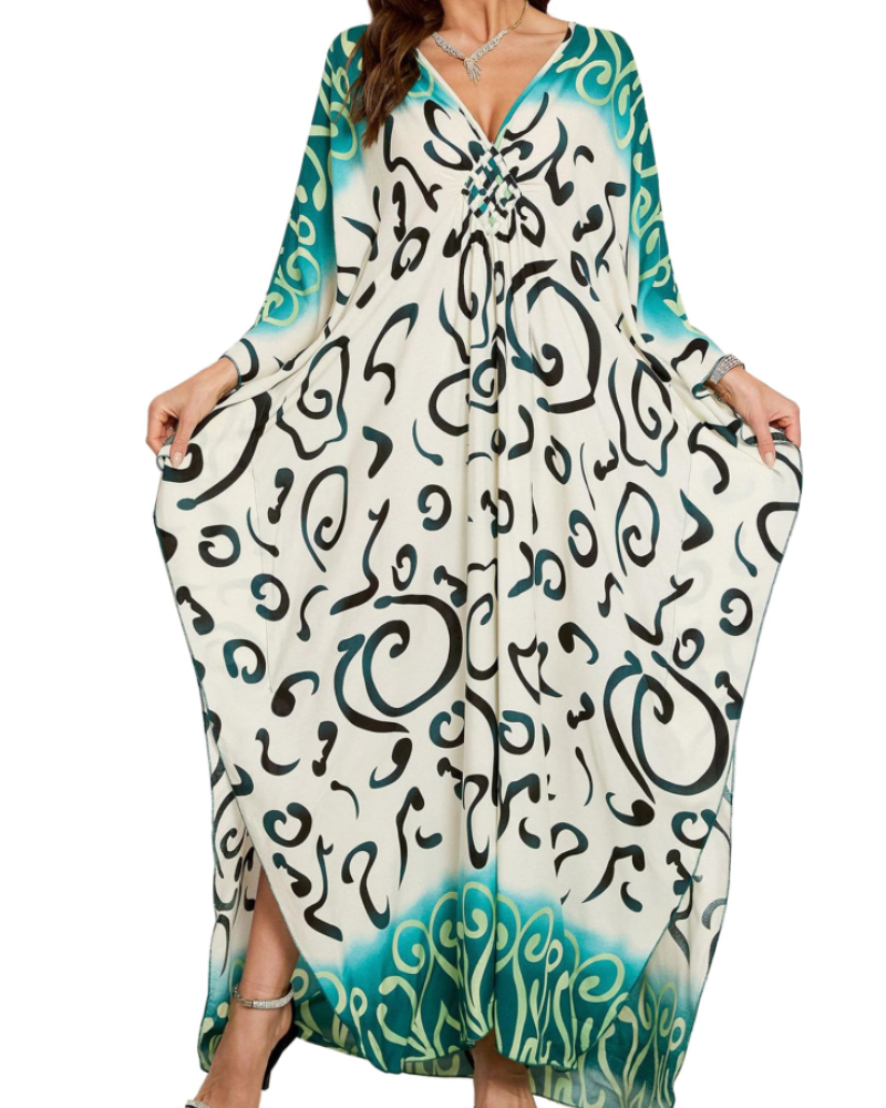 Yana Kaftan Donna Grande Taille – Abito Plage Maxi in Viscose, Scollo a V & Manches Chauve-Souris Bohémien