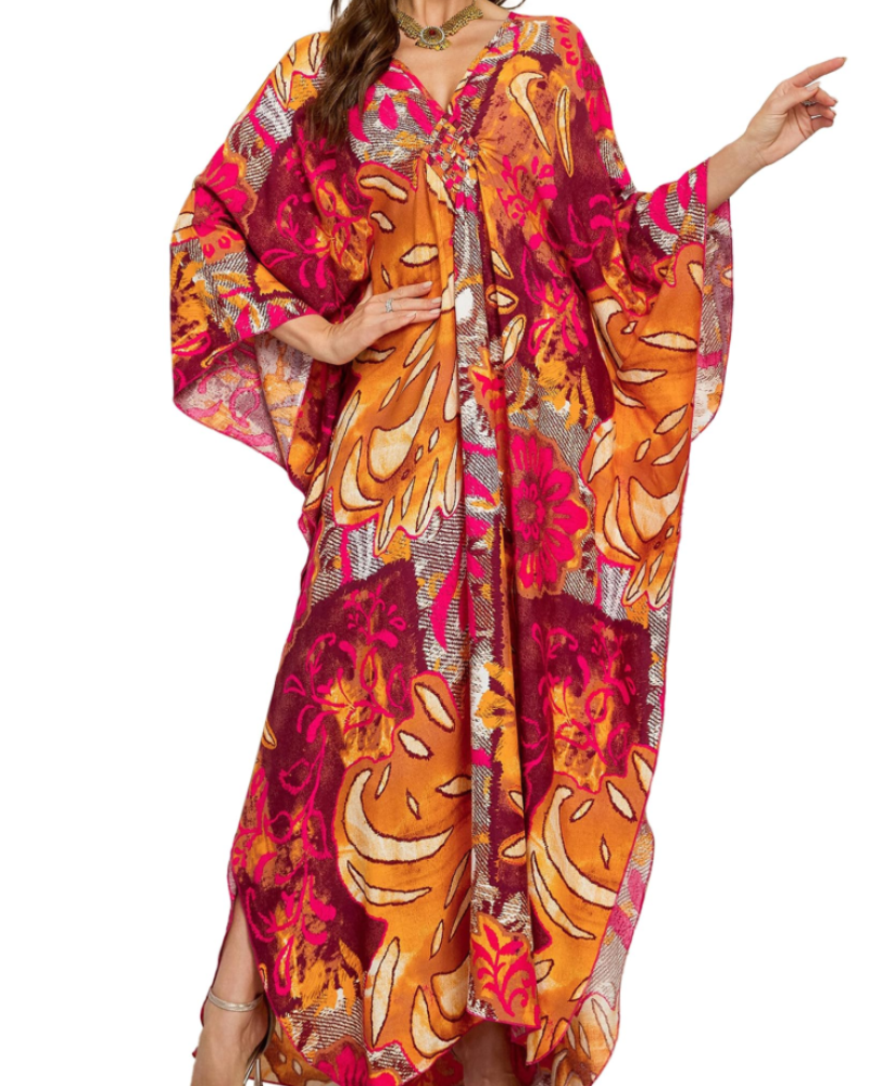 Yana Kaftan Donna Grande Taille – Abito Plage Maxi in Viscose, Scollo a V & Manches Chauve-Souris Bohémien