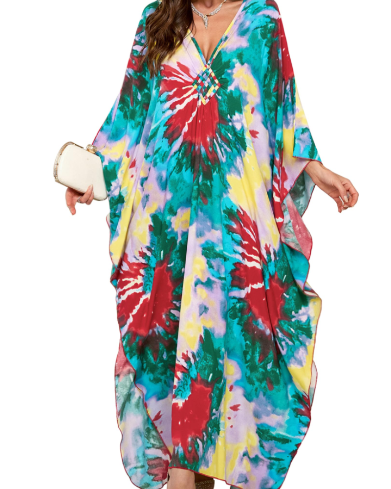 Yana Kaftan Donna Grande Taille – Abito Plage Maxi in Viscose, Scollo a V & Manches Chauve-Souris Bohémien