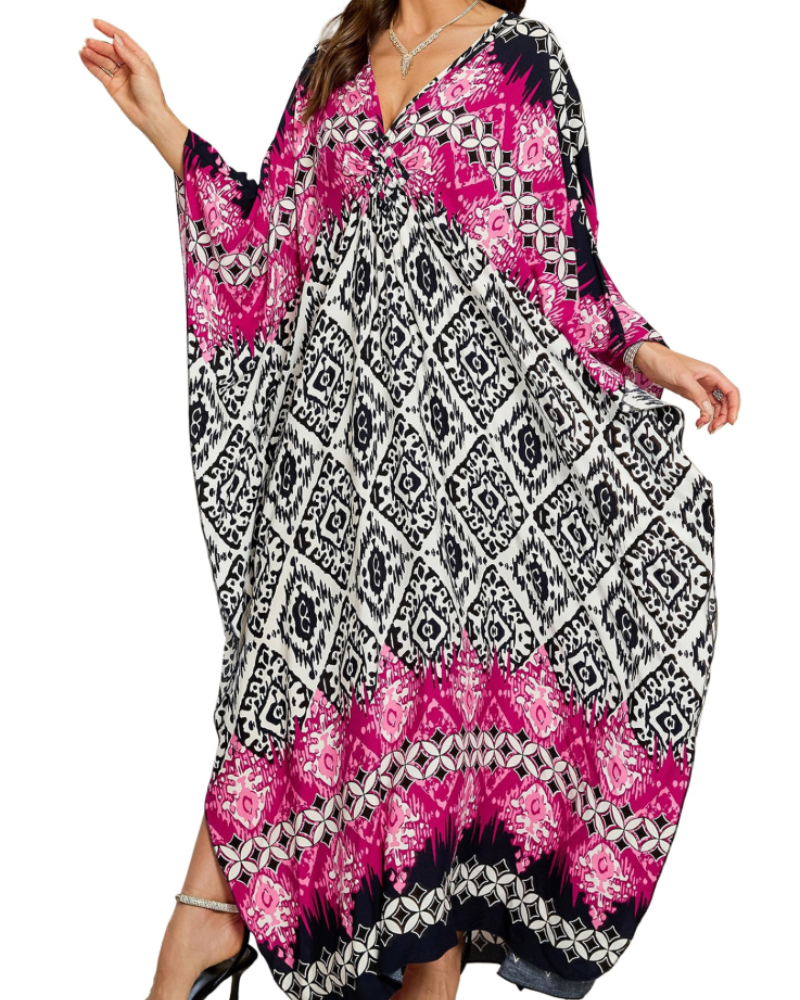 Yana Kaftan Donna Grande Taille – Abito Plage Maxi in Viscose, Scollo a V & Manches Chauve-Souris Bohémien