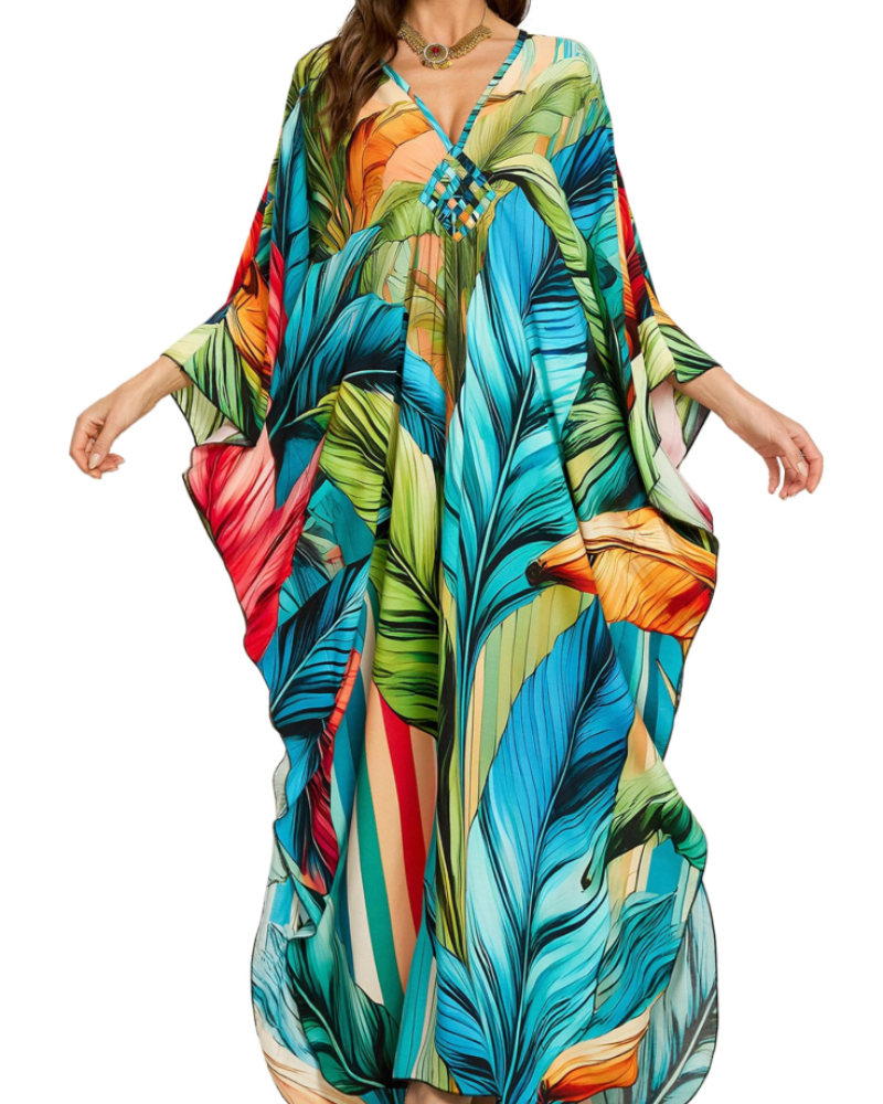 Yana Kaftan Donna Grande Taille – Abito Plage Maxi in Viscose, Scollo a V & Manches Chauve-Souris Bohémien