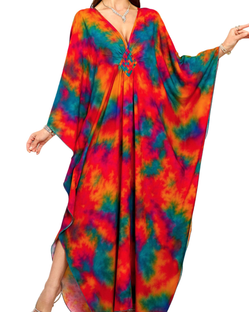 Yana Kaftan Donna Grande Taille – Abito Plage Maxi in Viscose, Scollo a V & Manches Chauve-Souris Bohémien