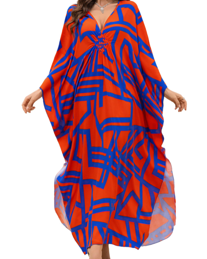 Yana Kaftan Donna Grande Taille – Abito Plage Maxi in Viscose, Scollo a V & Manches Chauve-Souris Bohémien