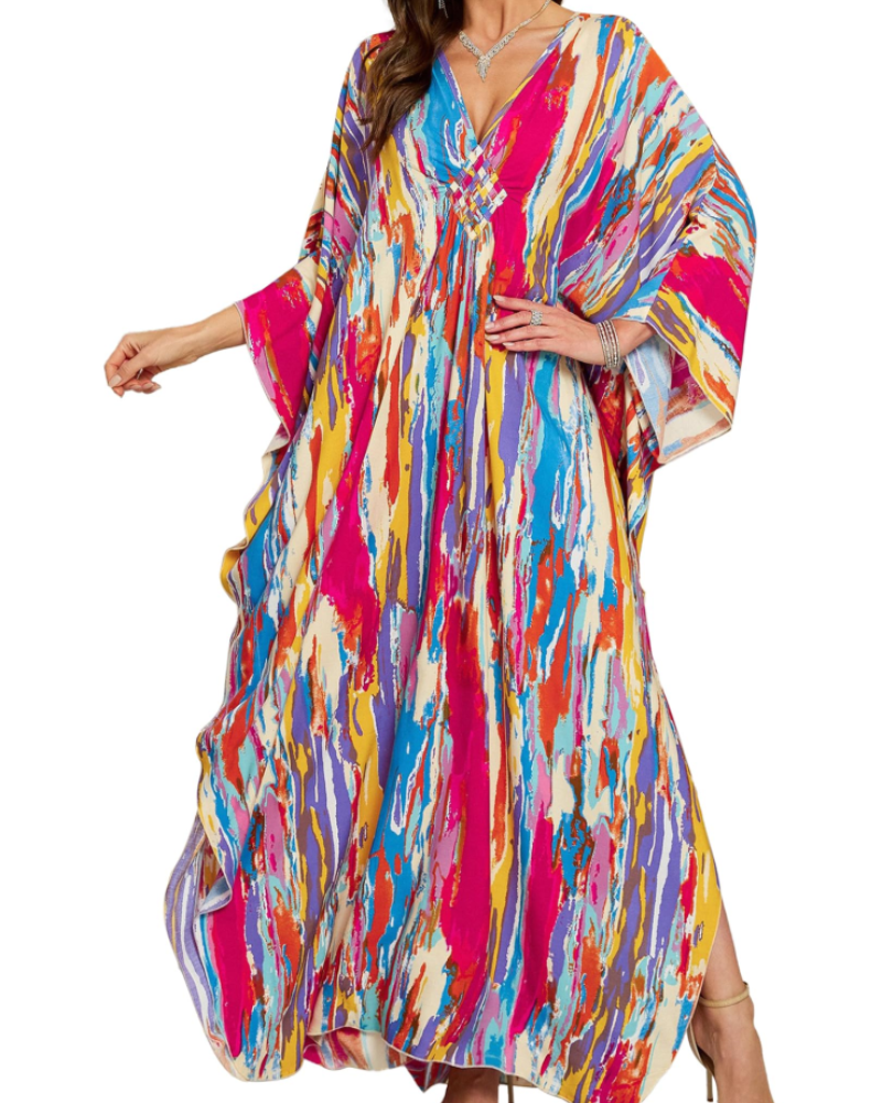 Yana Kaftan Donna Grande Taille – Abito Plage Maxi in Viscose, Scollo a V & Manches Chauve-Souris Bohémien