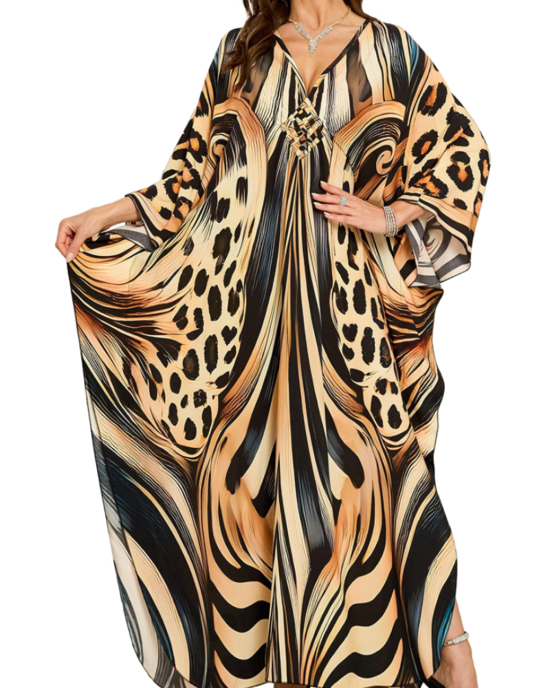 Yana Kaftan Donna Grande Taille – Abito Plage Maxi in Viscose, Scollo a V & Manches Chauve-Souris Bohémien