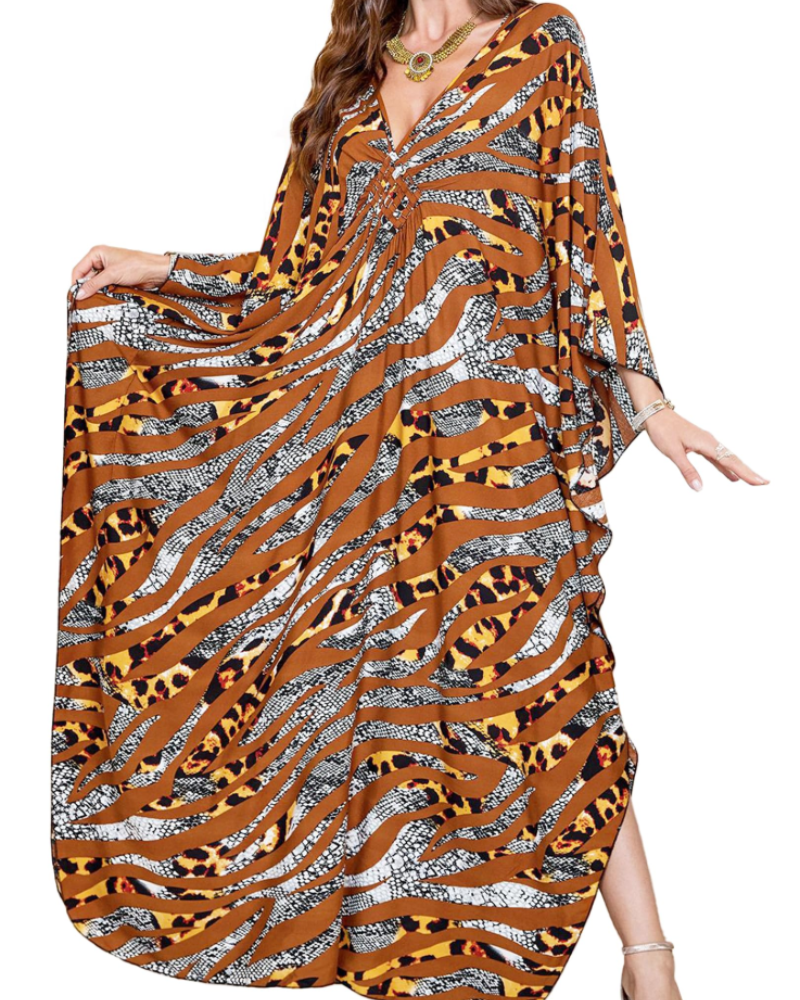 Yana Kaftan Donna Grande Taille – Abito Plage Maxi in Viscose, Scollo a V & Manches Chauve-Souris Bohémien