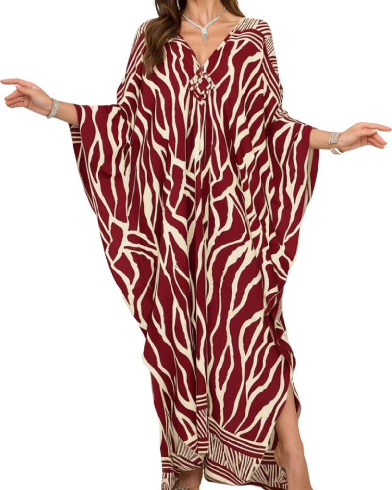 Yana Kaftan Donna Grande Taille – Abito Plage Maxi in Viscose, Scollo a V & Manches Chauve-Souris Bohémien