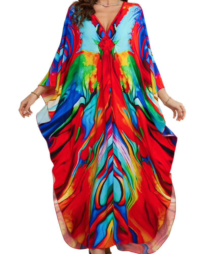 Yana Kaftan Donna Grande Taille – Abito Plage Maxi in Viscose, Scollo a V & Manches Chauve-Souris Bohémien