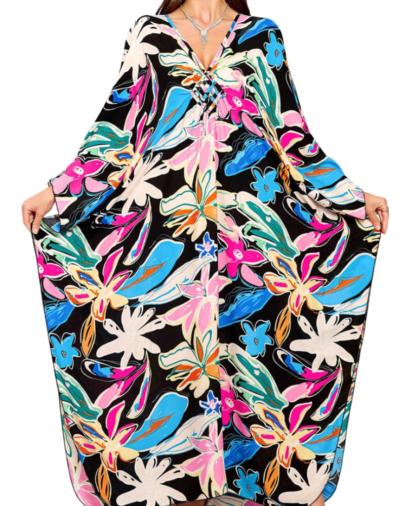 Yana Kaftan Donna Grande Taille – Abito Plage Maxi in Viscose, Scollo a V & Manches Chauve-Souris Bohémien