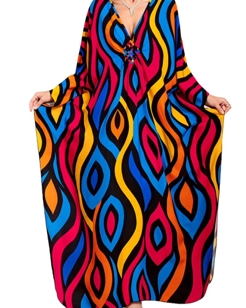 Yana Kaftan Donna Grande Taille – Abito Plage Maxi in Viscose, Scollo a V & Manches Chauve-Souris Bohémien
