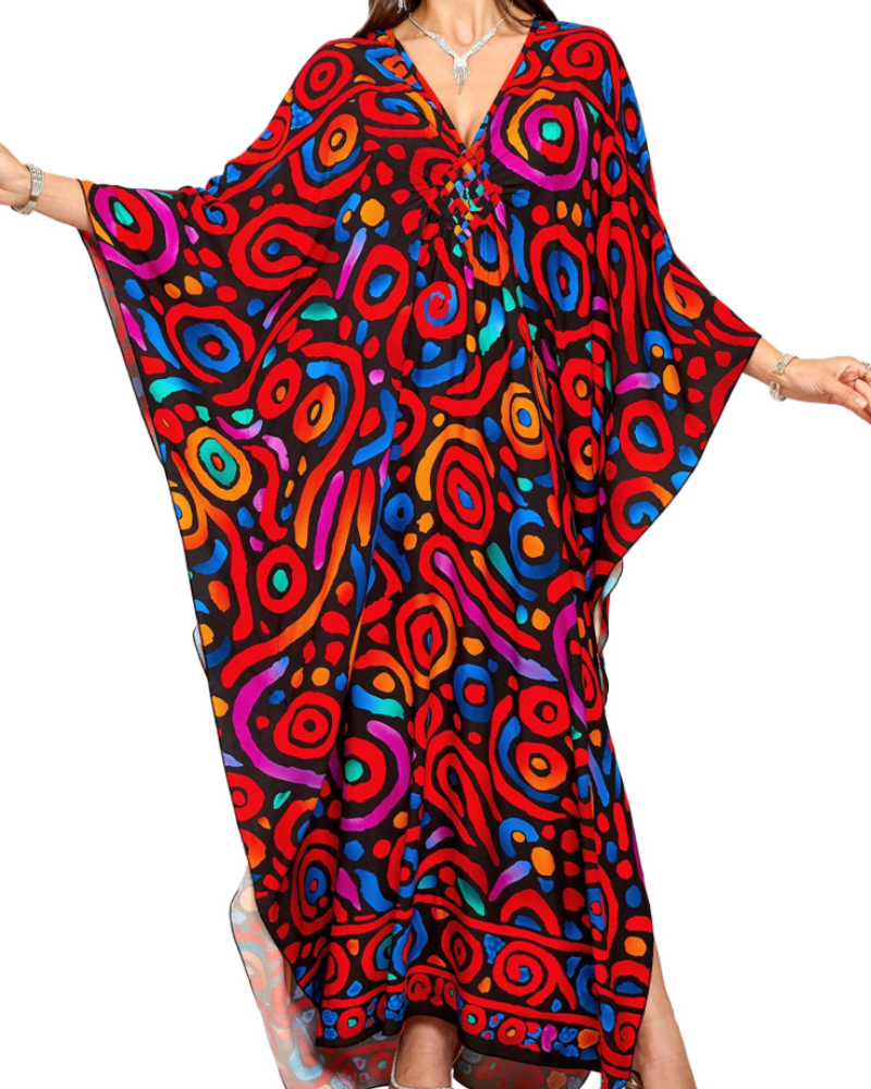 Yana Kaftan Donna Grande Taille – Abito Plage Maxi in Viscose, Scollo a V & Manches Chauve-Souris Bohémien