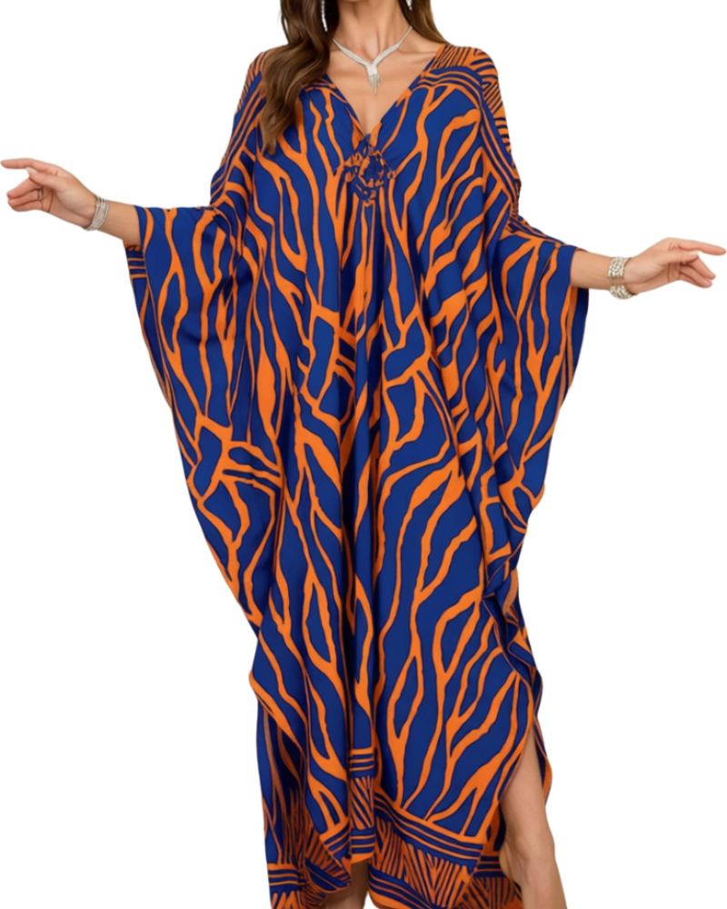 Yana Kaftan Donna Grande Taille – Abito Plage Maxi in Viscose, Scollo a V & Manches Chauve-Souris Bohémien