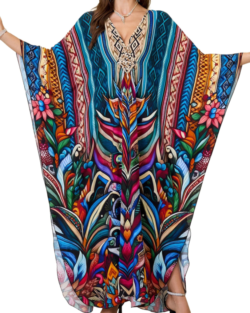 Yana Kaftan Donna Grande Taille – Abito Plage Maxi in Viscose, Scollo a V & Manches Chauve-Souris Bohémien