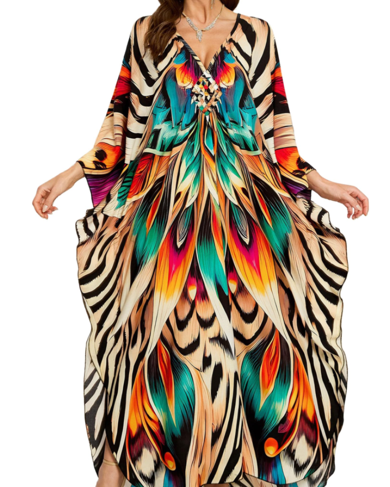 Yana Kaftan Donna Grande Taille – Abito Plage Maxi in Viscose, Scollo a V & Manches Chauve-Souris Bohémien