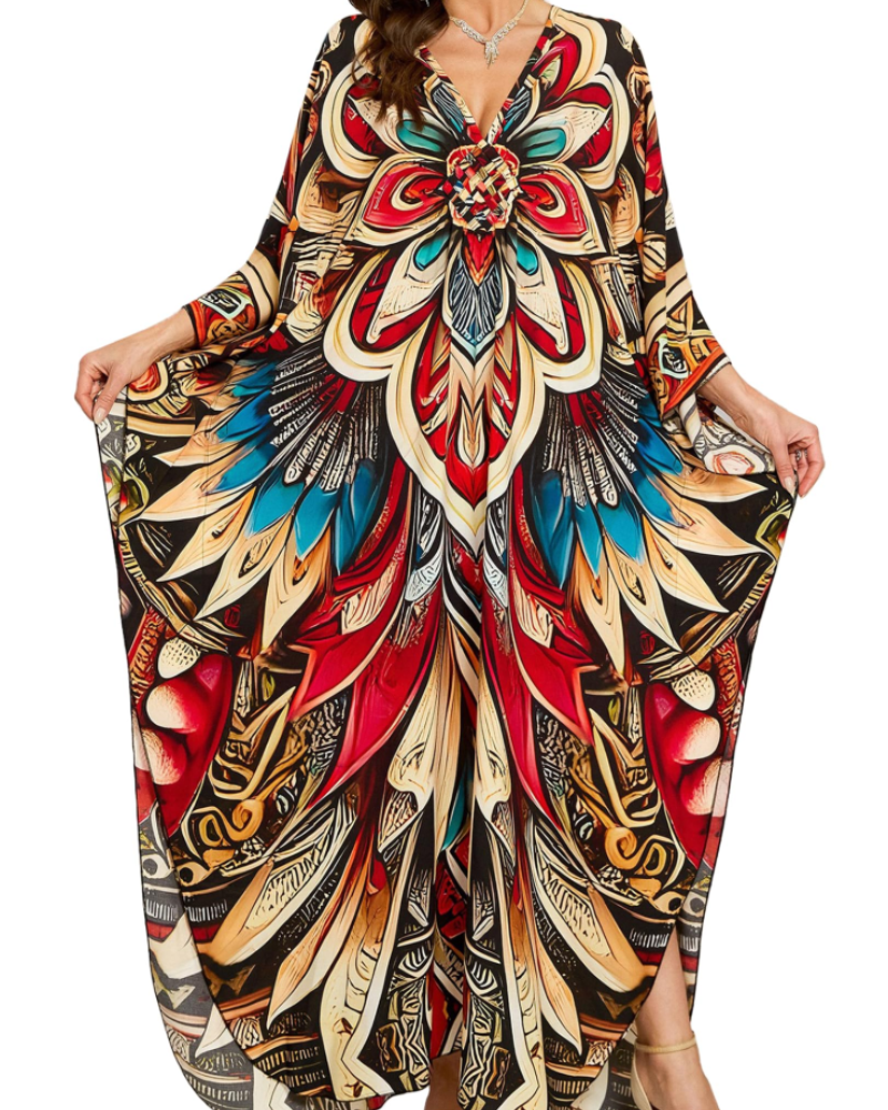 Yana Kaftan Donna Grande Taille – Abito Plage Maxi in Viscose, Scollo a V & Manches Chauve-Souris Bohémien