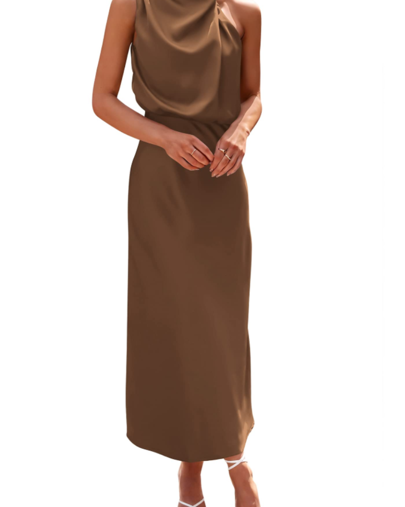 Zena Abito Donna – Abito Maxi Satinée Col Montant, Linea Fluida Elegante Soirée