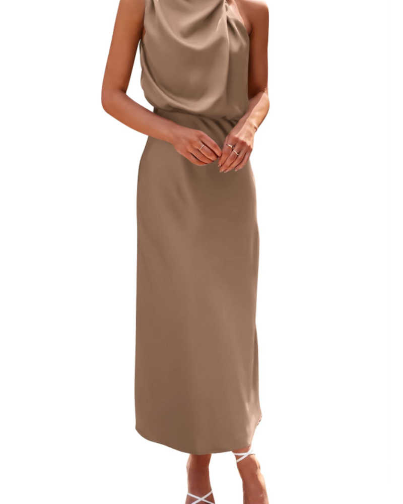 Zena Abito Donna – Abito Maxi Satinée Col Montant, Linea Fluida Elegante Soirée