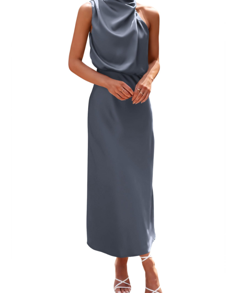 Zena Abito Donna – Abito Maxi Satinée Col Montant, Linea Fluida Elegante Soirée