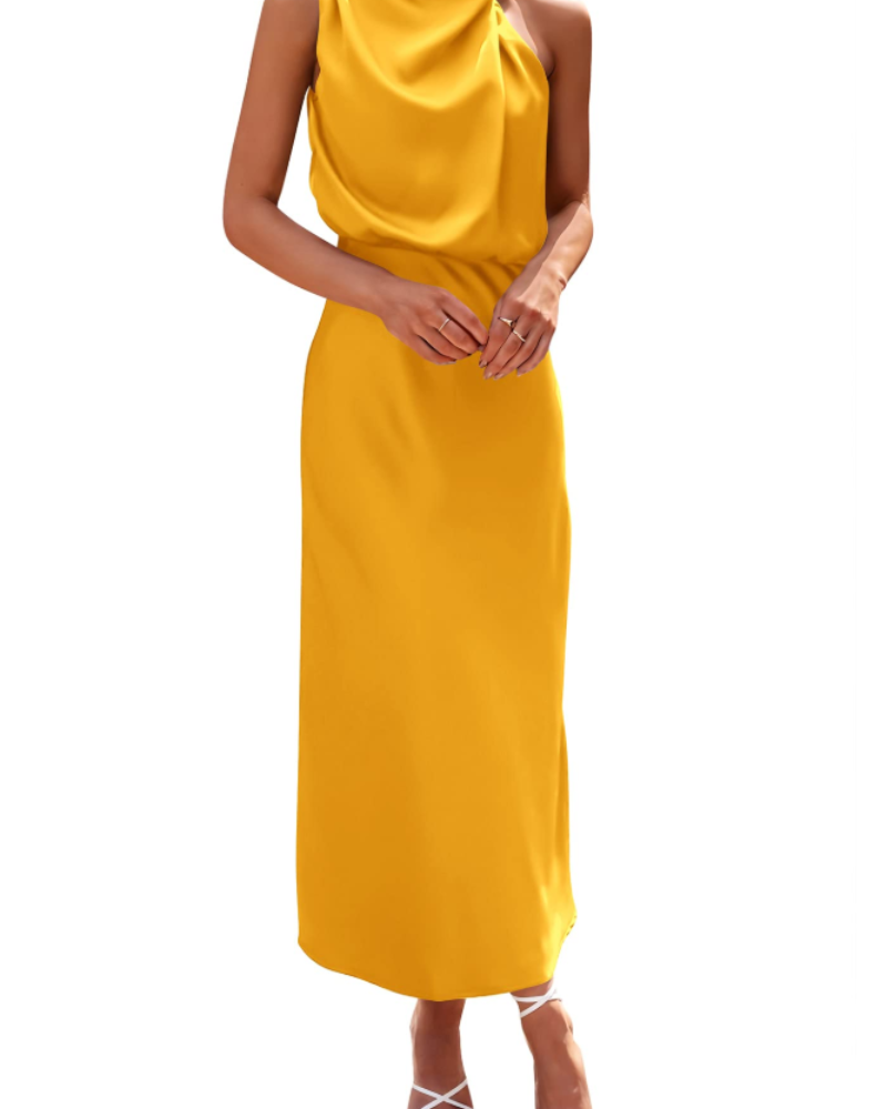 Zena Abito Donna – Abito Maxi Satinée Col Montant, Linea Fluida Elegante Soirée