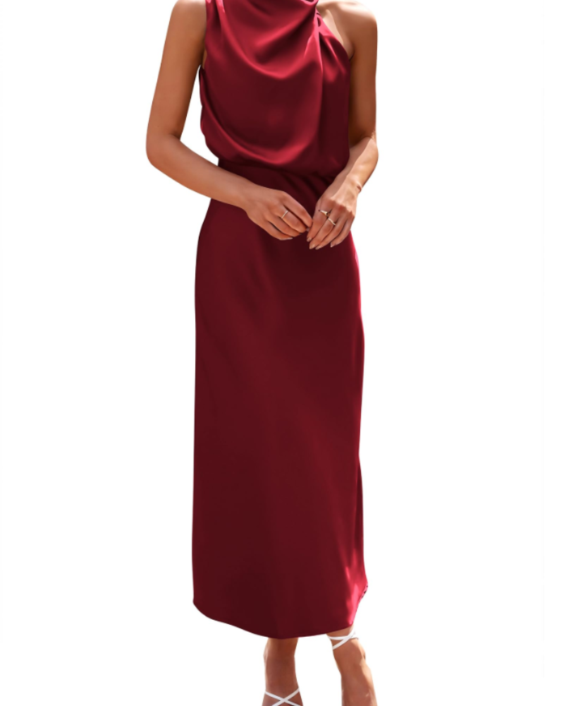 Zena Abito Donna – Abito Maxi Satinée Col Montant, Linea Fluida Elegante Soirée