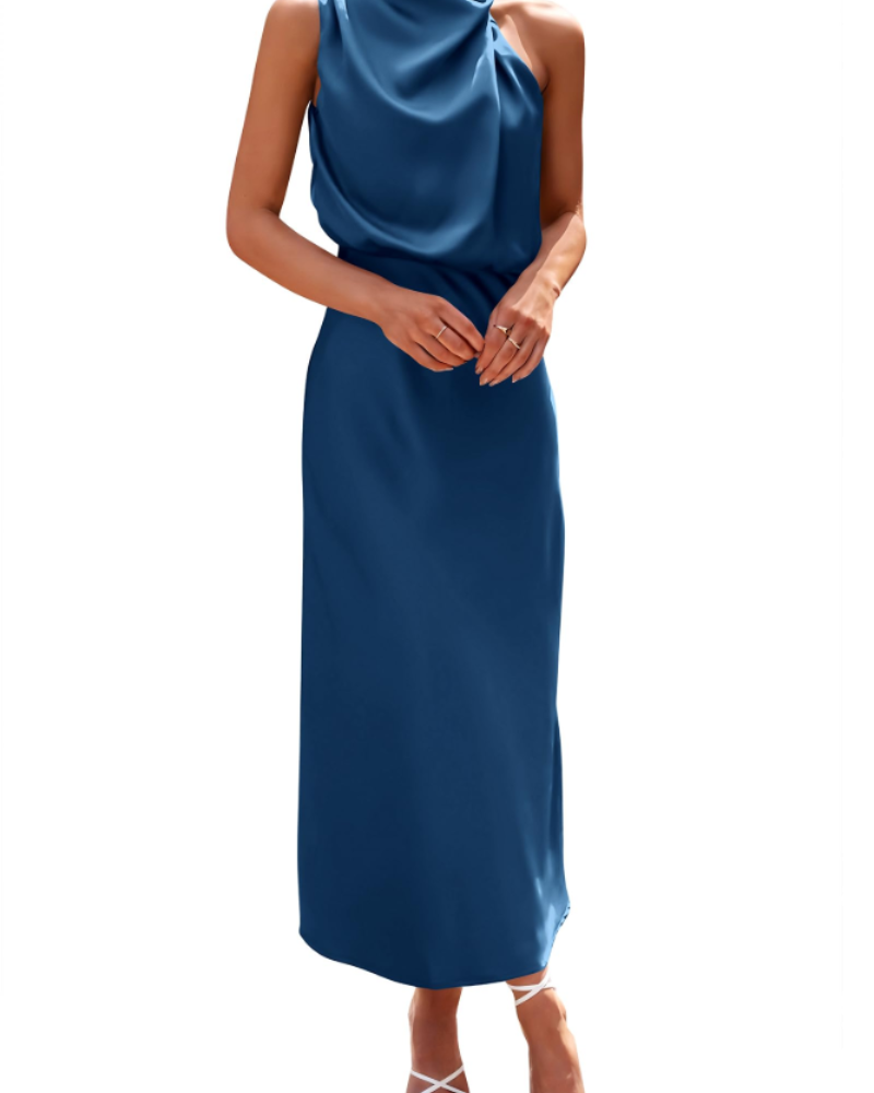 Zena Abito Donna – Abito Maxi Satinée Col Montant, Linea Fluida Elegante Soirée