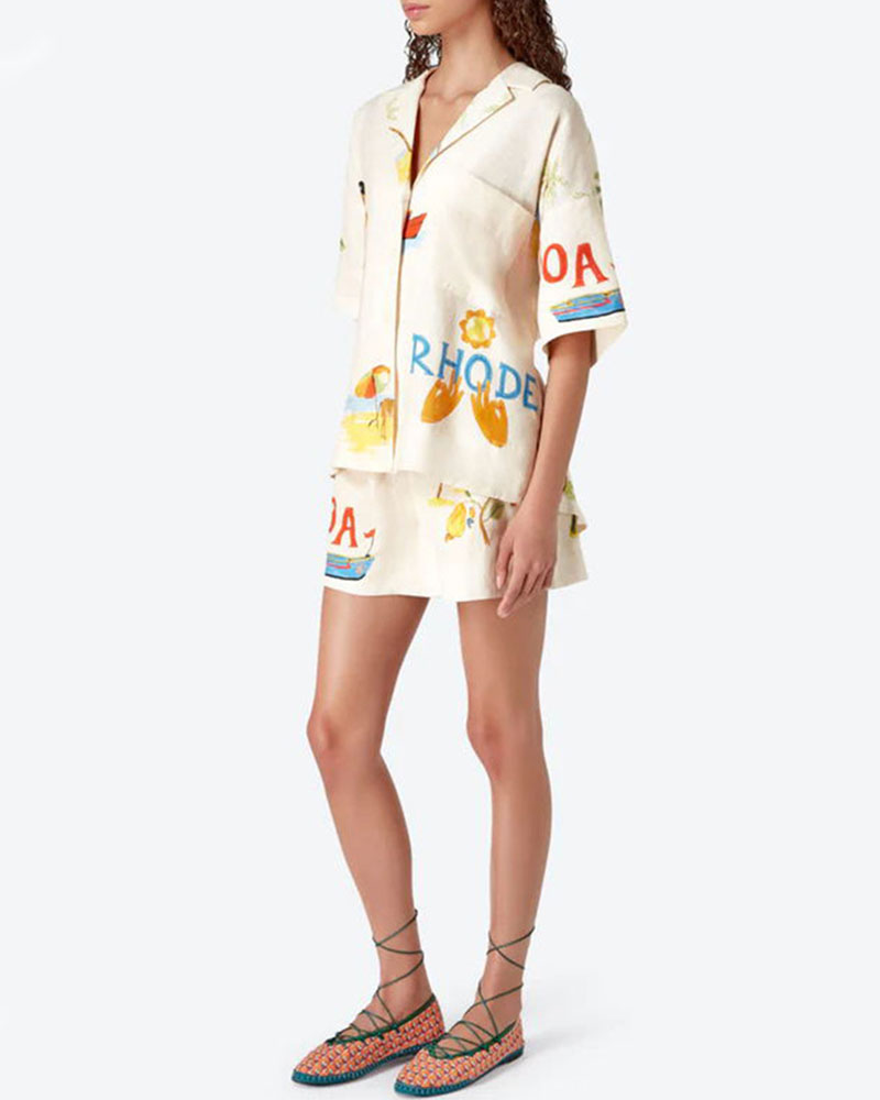 Stella Ensemble in Lin Donna – Coordonné Estival con Stampa Tropical, Camicia Leggera & Short Confortevole