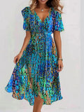 Kalea Abito Midi Donna – Abito Bleue a Maniche Corte, Scollo a V & Linea Elegante