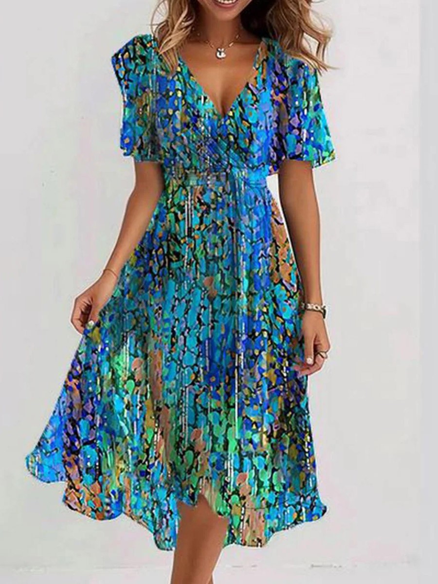 Kalea Abito Midi Donna – Abito Bleue a Maniche Corte, Scollo a V & Linea Elegante