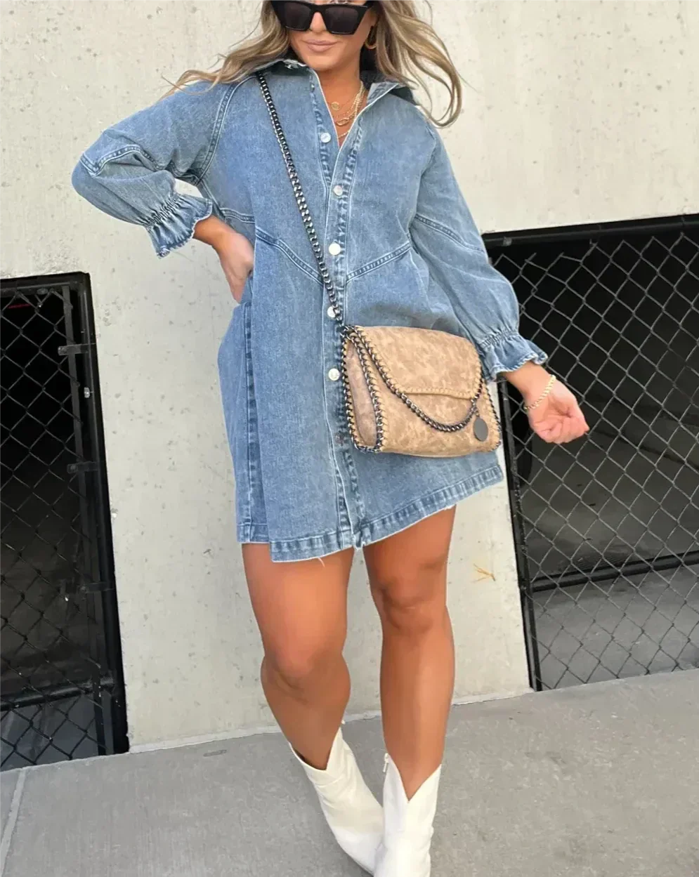 Namy Abito in Jeans Donna – Abito Camicia con Col, Manches 3/4 e Linea Svasata