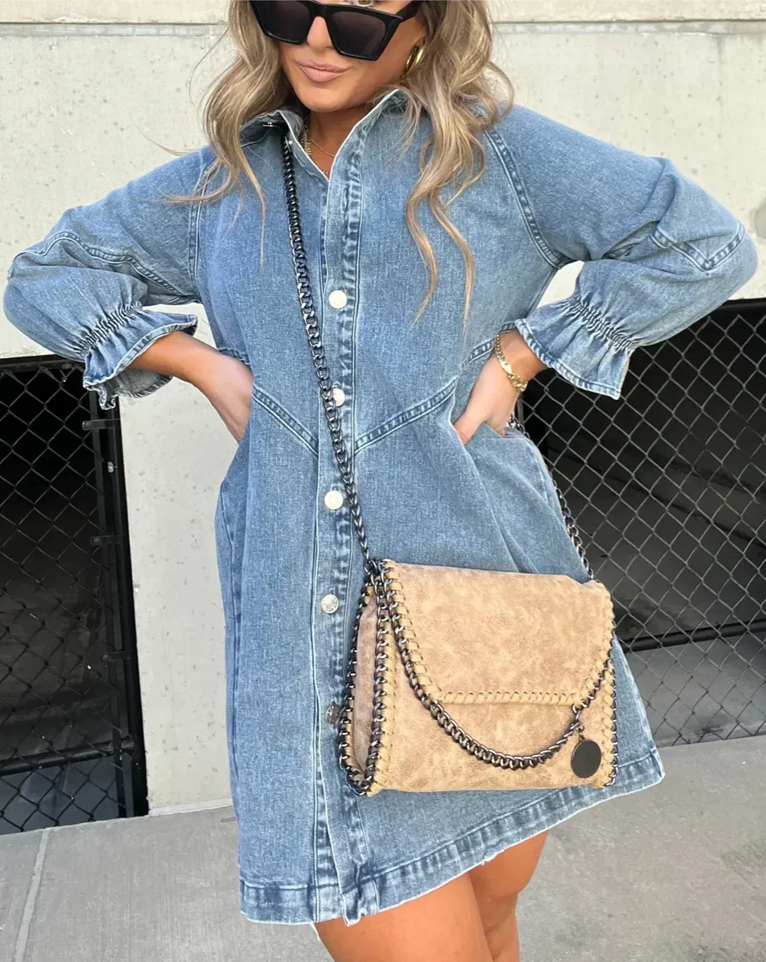 Namy Abito in Jeans Donna – Abito Camicia con Col, Manches 3/4 e Linea Svasata