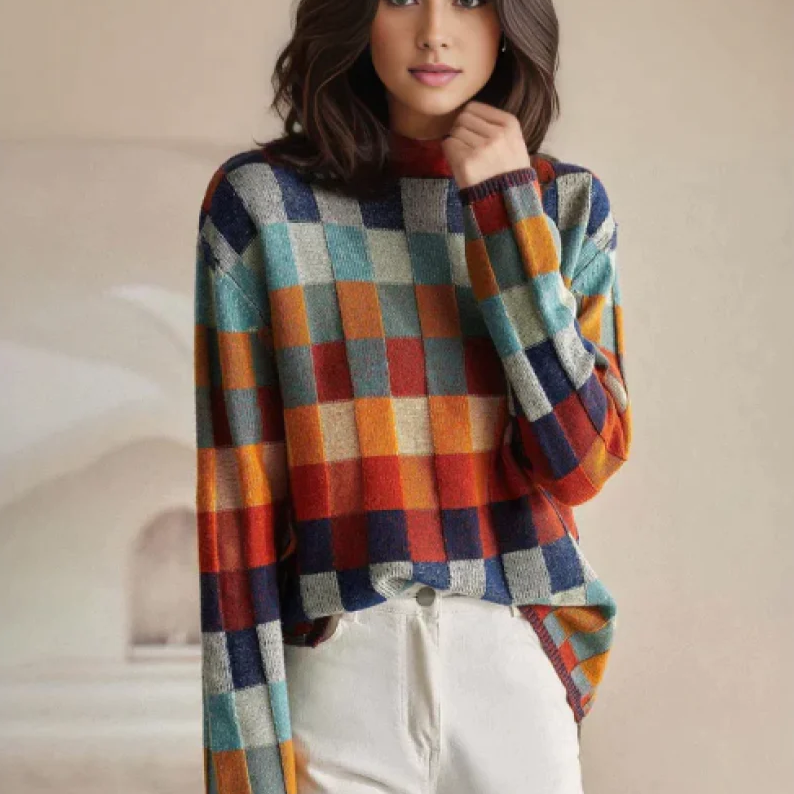 Nicole Maglione Donna Luxe – Maglione a Carreaux Elegante in Cachemire Morbido & Raffiné