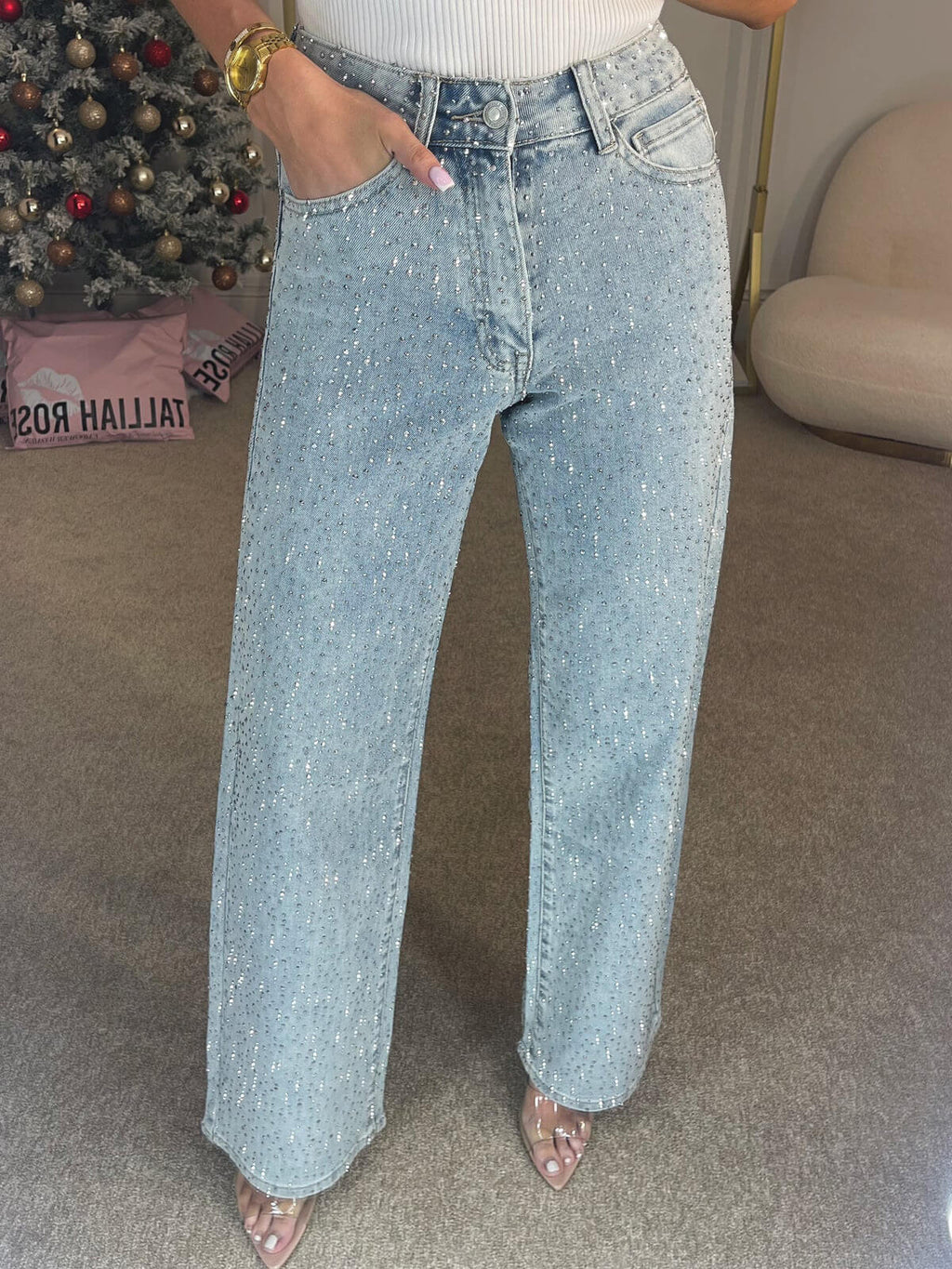 Rachel Jeans Vita Alta Scintillant per Donna – Linea Flatteuse con Détails Brillants & Style Moderne