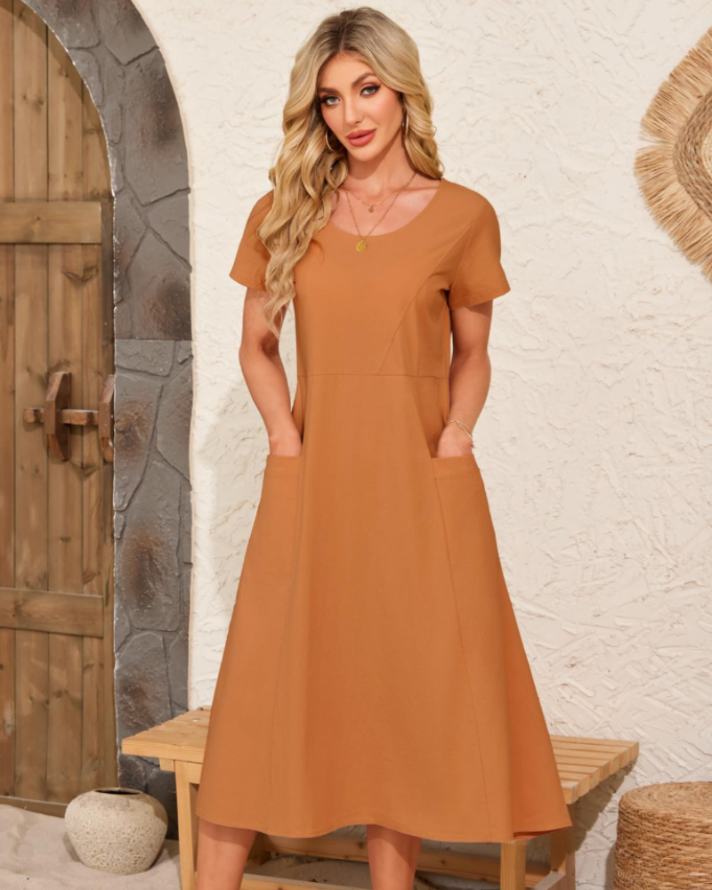 Sussie Abito Maxi Donna Cotone – Abito Estate Girocollo, Vestibilità Ampia & Tasche Comfort